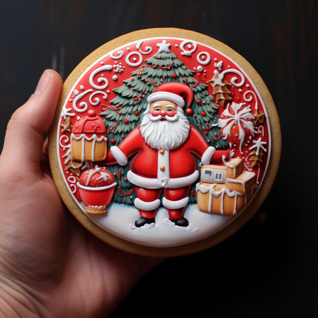 Close-up of a beautifully decorated Santa Claus Christmas cookie with intricate details and vibrant colors, highlighting the artistry of holiday cookie baking