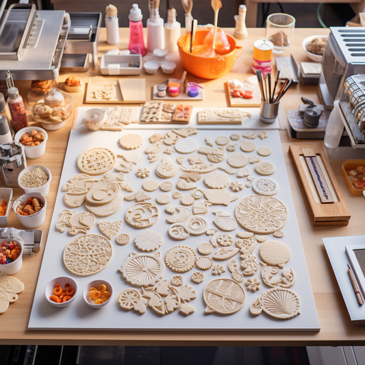 Overhead view of a baking table showcasing 3D-printed cookie cutters, freshly baked cookies, and a 3D printer.